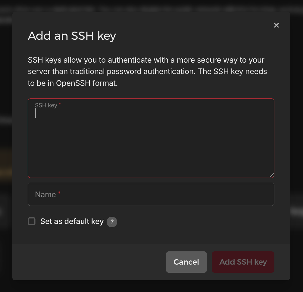 Hetzner Add an SSH key dialog with empty SSH key and Name fields.