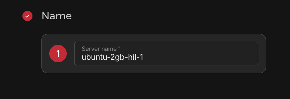 Hetzner server Name section with an automatically generated name in the Server name field.