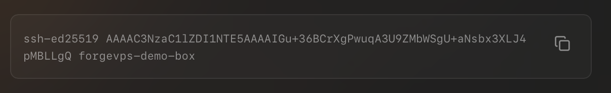 ForgeVPS public SSH key field showing an ssh-ed25519 key and its copy button.