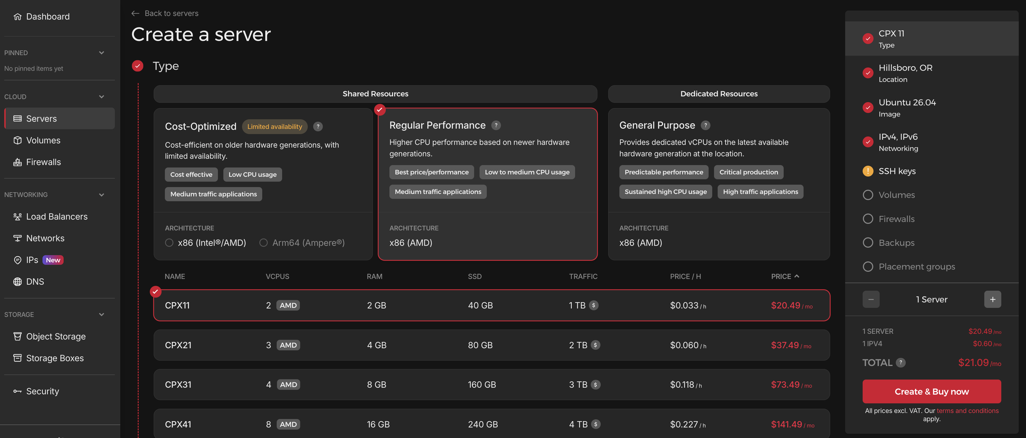 Hetzner server types with Regular Performance selected and plan rows showing CPU, RAM, disk space and prices.