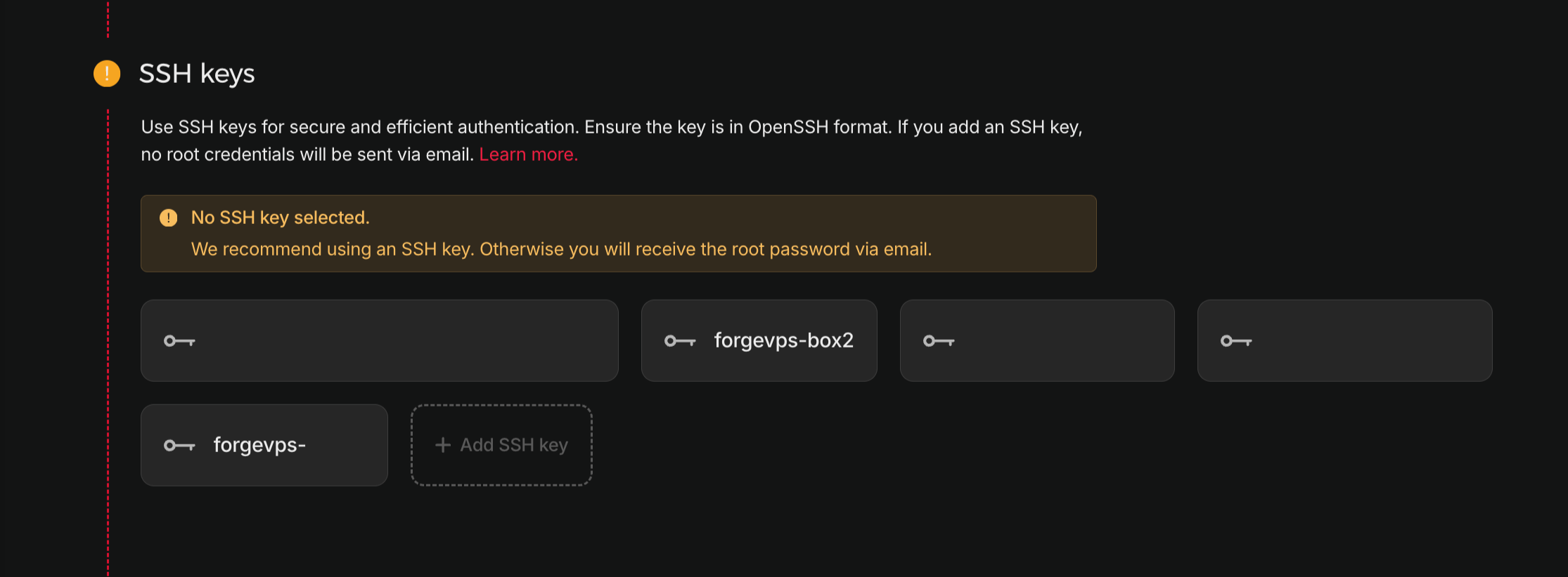 Hetzner SSH keys section showing the Add SSH key button and a warning that no SSH key is selected.