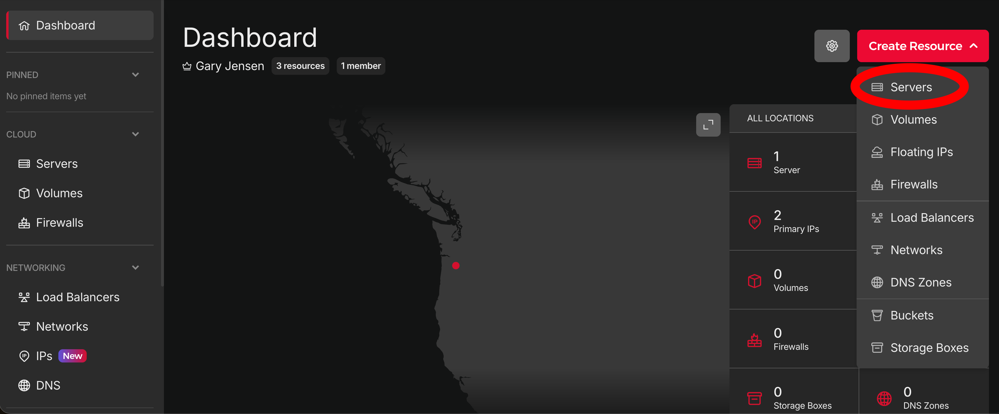 Hetzner project dashboard with Create Resource expanded and Servers circled.