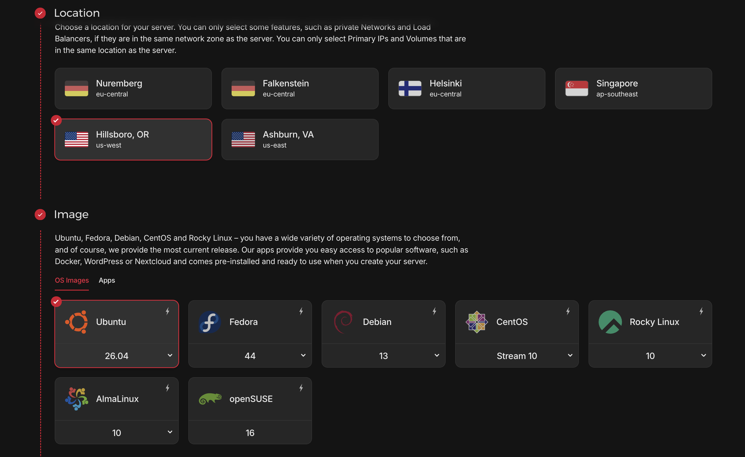Hetzner location and operating-system choices, with Hillsboro and the Ubuntu OS image selected.